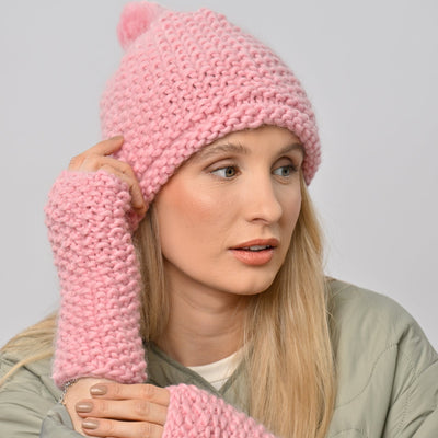 Ivy Hat and Fingerless Gloves Knitting Kit - Baby Pink - Wool Couture