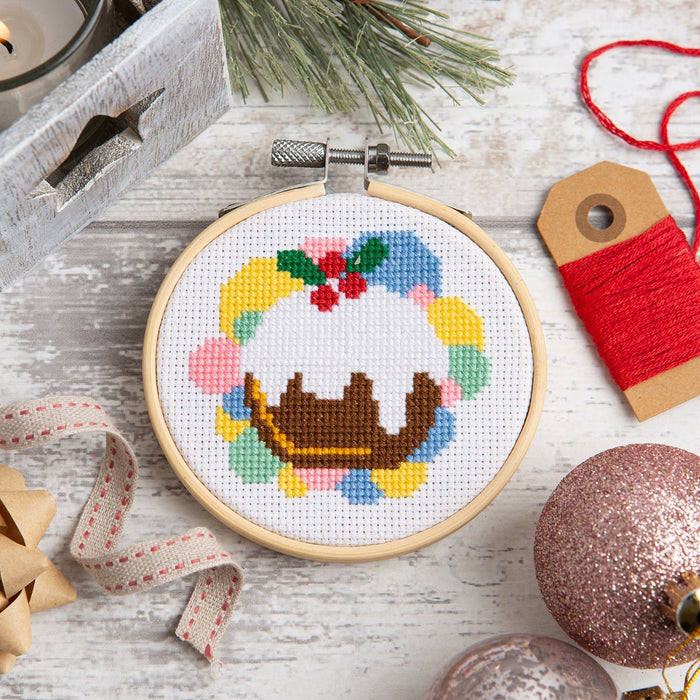 Christmas Pudding Cross Stitch Kit - 3 Inch Hoop - Wool Couture