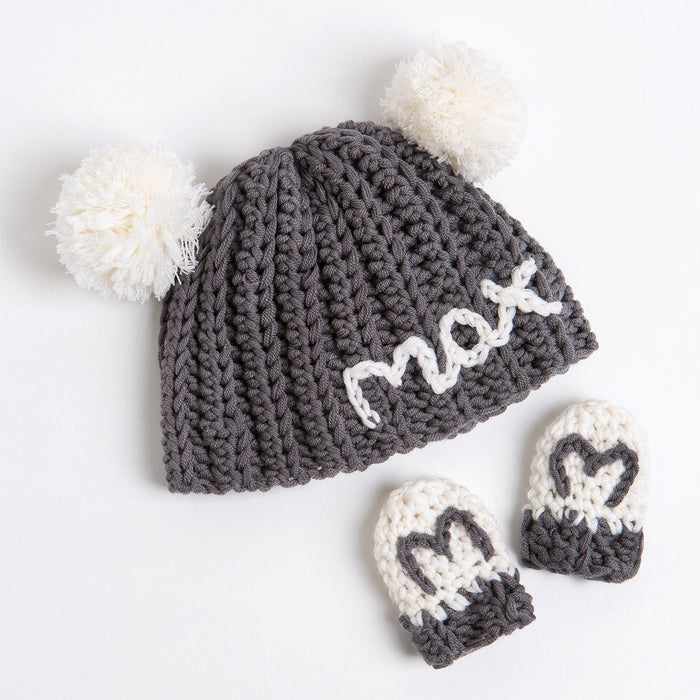 Embroidered Baby Hat and Mittens Crochet Kit - Granite & Natural Cream - Wool Couture