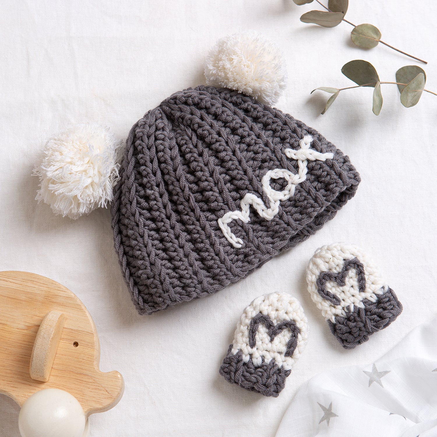 Embroidered Baby Hat and Mittens Crochet Kit Granite Natural
