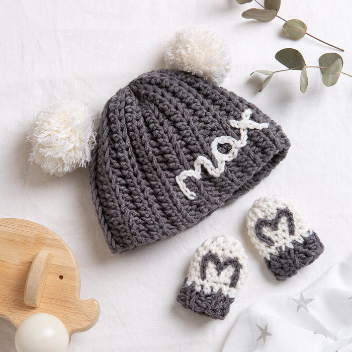 Embroidered Baby Hat and Mittens Crochet Kit - Granite & Natural Cream - Wool Couture