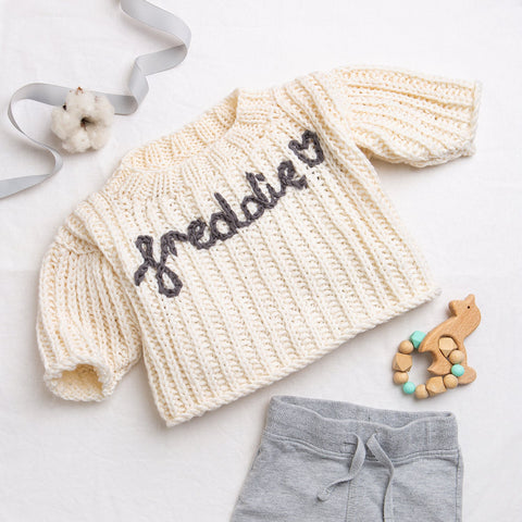 Embroidered Baby Sweater Knitting Kit - Cream & Granite - Wool Couture