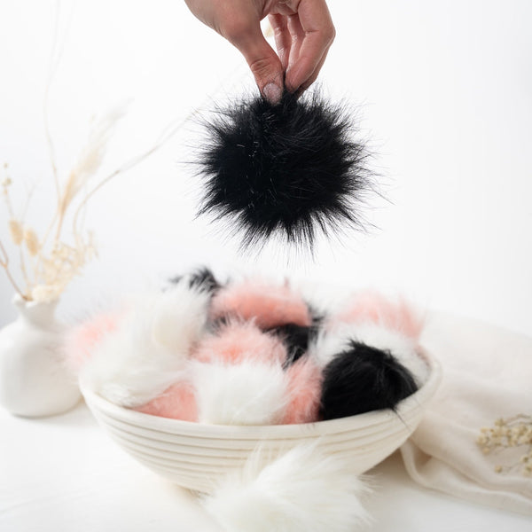 Fur Pom Pom in Pink, Black and Cream - Wool Couture