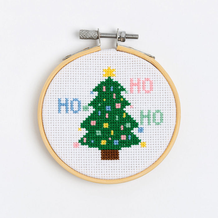 Ho Ho Ho Christmas Tree Cross Stitch Kit - 3 Inch Hoop - Wool Couture