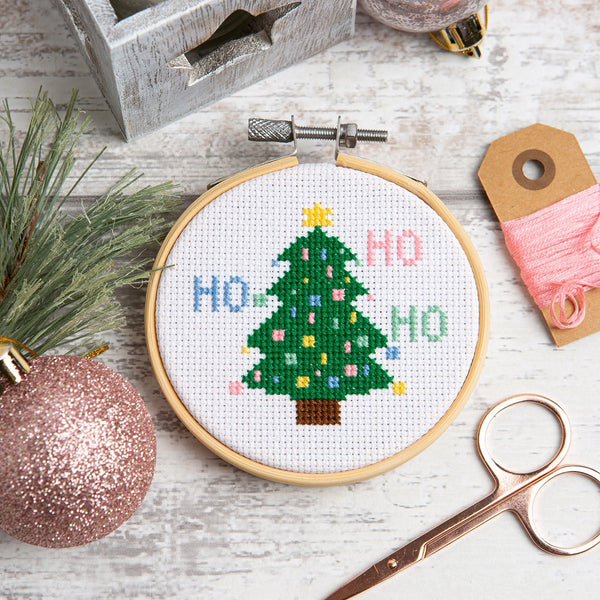 Ho Ho Ho Christmas Tree Cross Stitch Kit - 3 Inch Hoop - Wool Couture