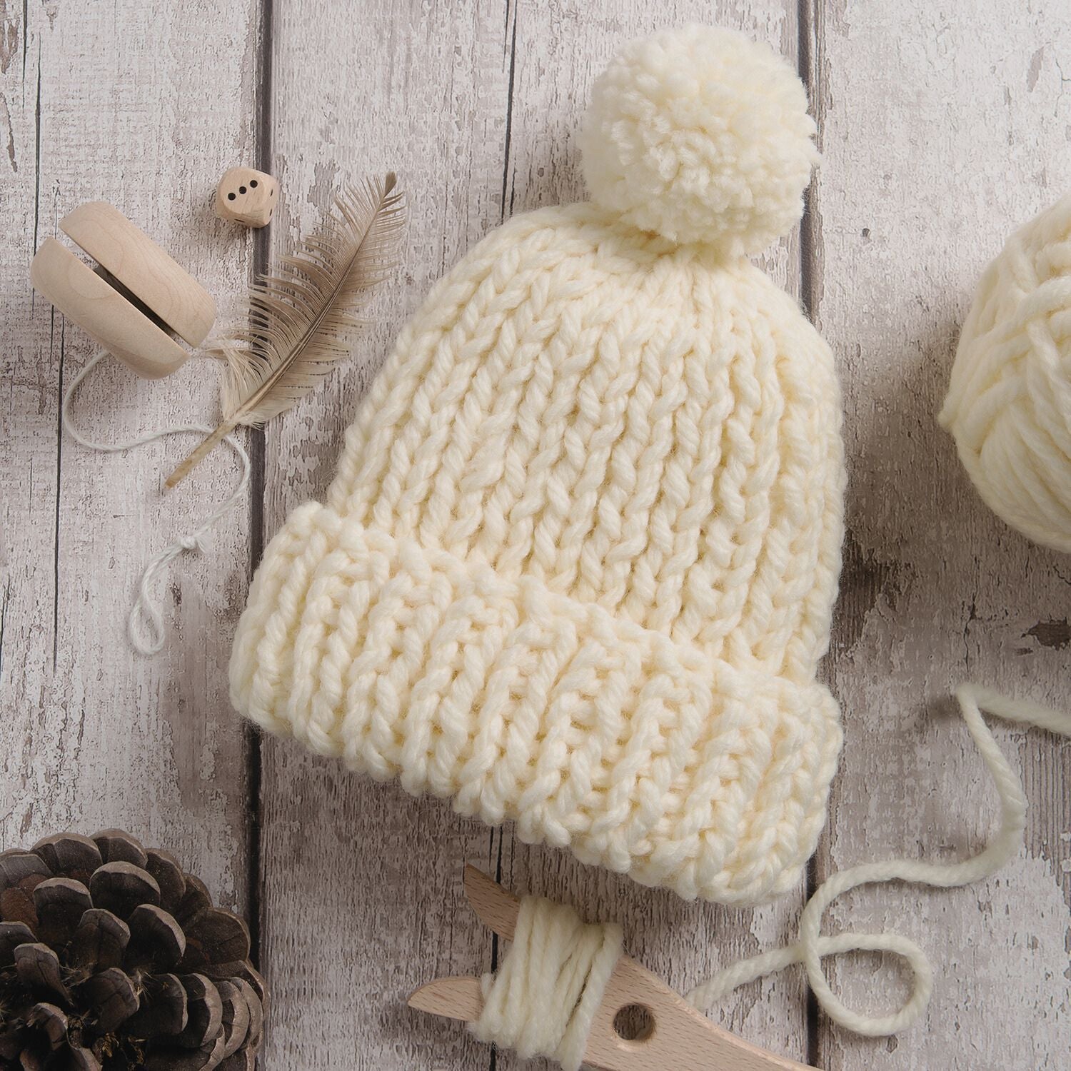 Kids Pom Pom Beanie Hat Knitting Kit Wool Couture