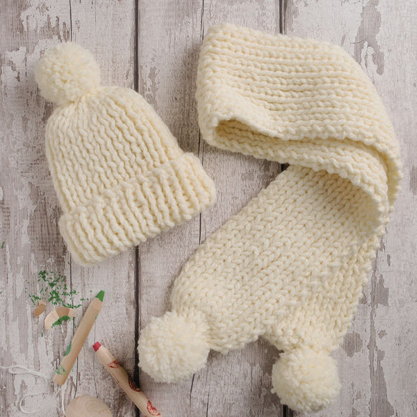 Kids Pom Pom Scarf & Beanie Hat - Knitting Kit - Wool Couture
