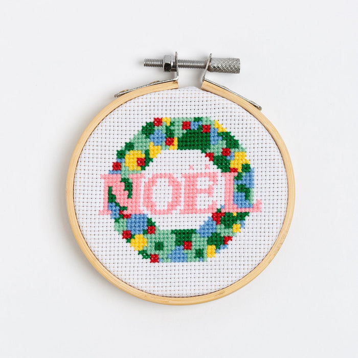 Noel Wreath Christmas Cross Stitch Kit - 3 Inch Hoop - Wool Couture