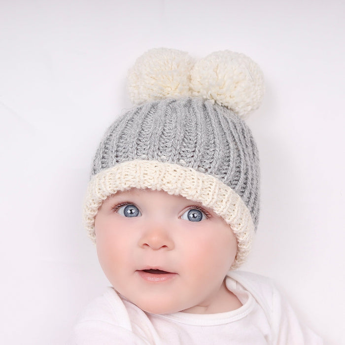 Knitted Hat Baby Fluffy Pom Pom Hat Baby Double Blue Faux Fur
