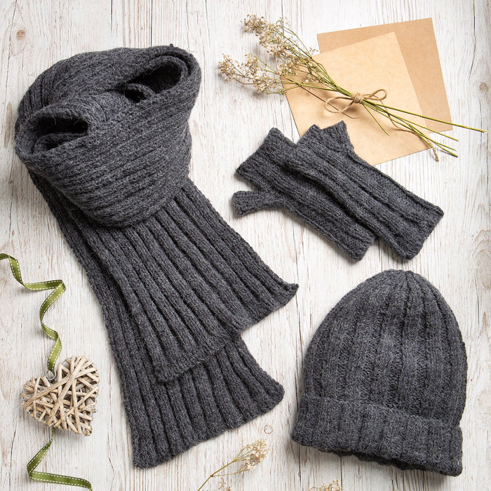 Alpaca Knitting Kit - Hat, Scarf + Fingerless Gloves Granite Grey - Wool Couture