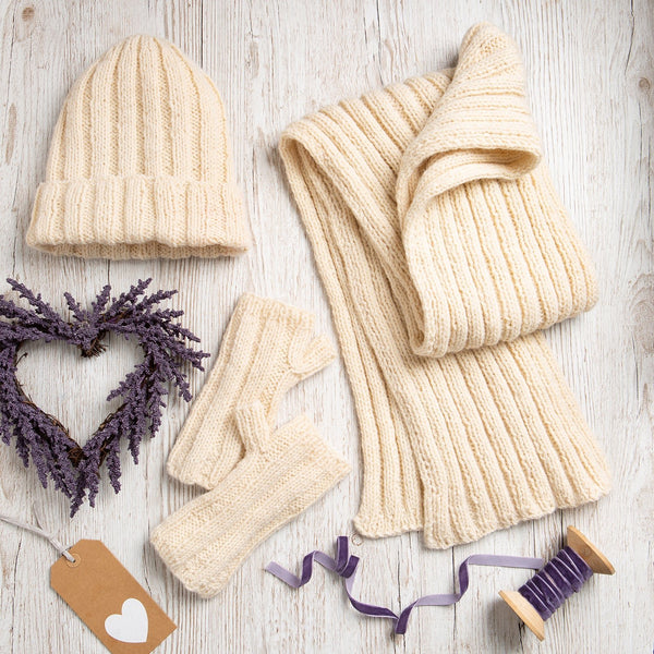 Alpaca Knitting Kit - Hat, Scarf + Fingerless Gloves Ivory - Wool Couture