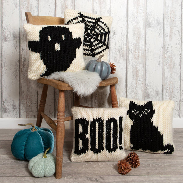 Black Cat Cushion Cover Knitting Kit - 4 Spooky Designs - Wool Couture