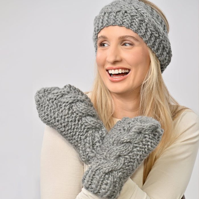 Cable Mittens and Headband Knitting Kit - Grey - Wool Couture