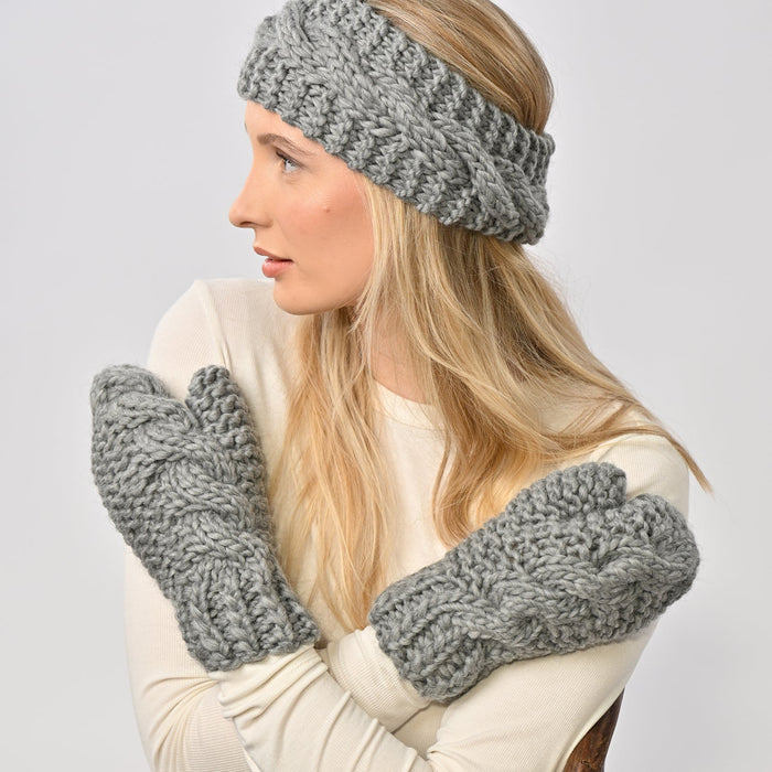 Cable Mittens and Headband Knitting Kit - Grey - Wool Couture