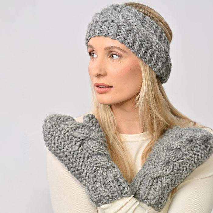 Cable Mittens and Headband Knitting Kit - Grey - Wool Couture