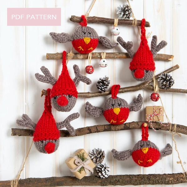 Christmas Knitting PDF Pattern - Reindeer and Robin Baubles - Wool Couture