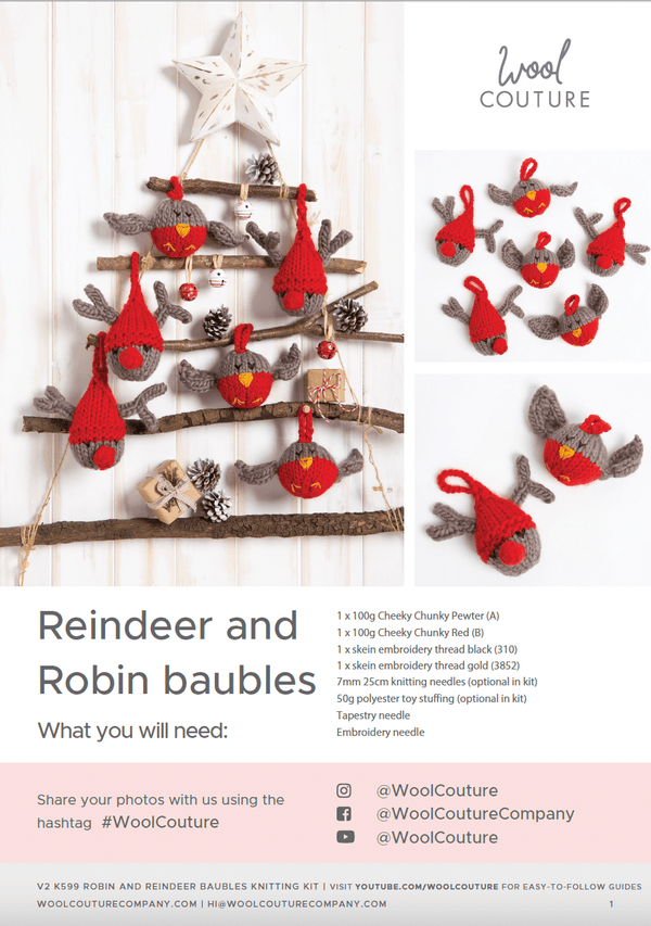 Christmas Knitting PDF Pattern - Reindeer and Robin Baubles - Wool Couture