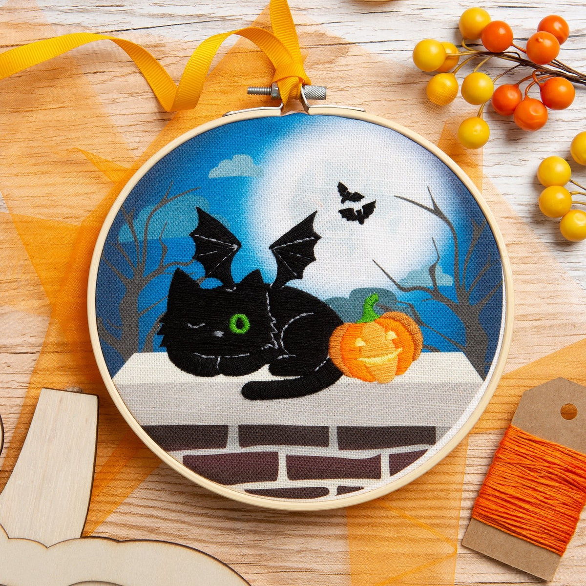 Black Cat Halloween Embroidery Kit Wool Couture Company
