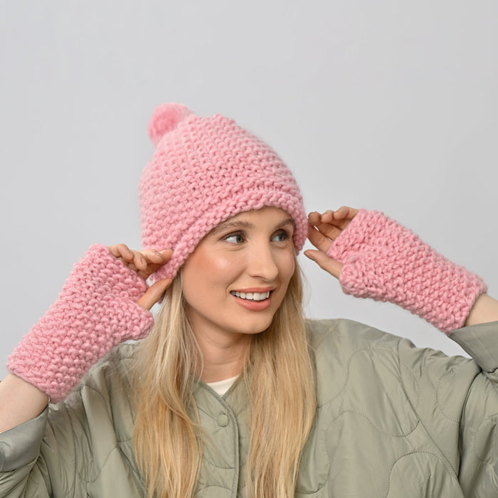 Ivy Hat and Fingerless Gloves Knitting Kit - Baby Pink - Wool Couture