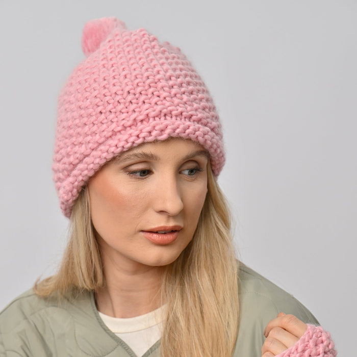 Ivy Hat and Fingerless Gloves Knitting Kit - Baby Pink - Wool Couture