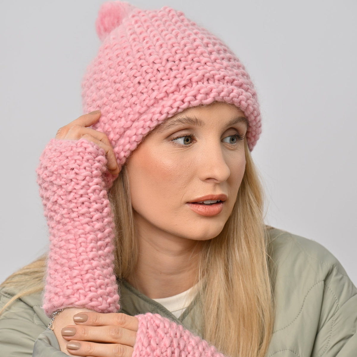 Ivy Hat and Fingerless Gloves Knitting Kit Baby Pink Wool Couture