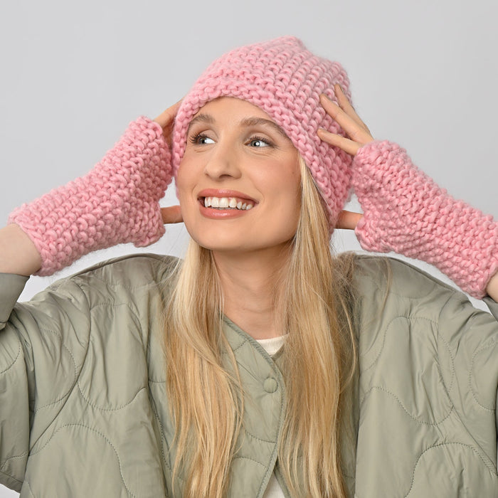 Ivy Hat and Fingerless Gloves Knitting Kit - Baby Pink - Wool Couture