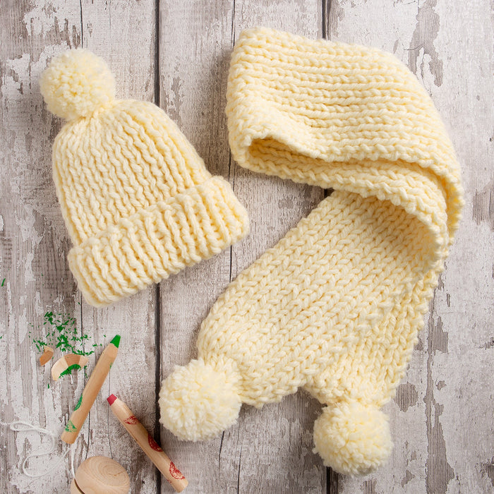 Kids Pom Pom Scarf & Beanie Hat - Knitting Kit - Wool Couture